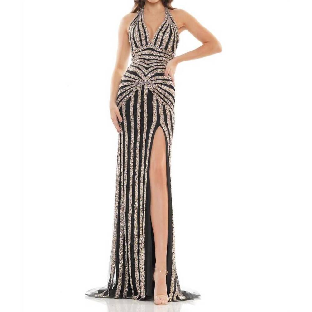 NEW COLORS DRESS halter beaded prom dress in black/silver